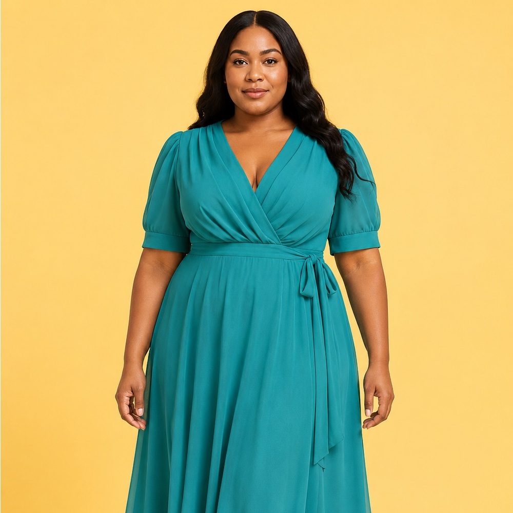 Plus Size Teal Wrap Midi Dress with Tie Waist
